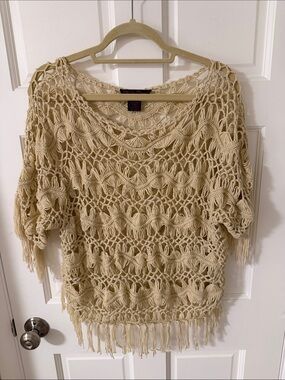 Elena Wang Cream Crochet Fringe Short Sleeve Top Boho Festival Knit XS